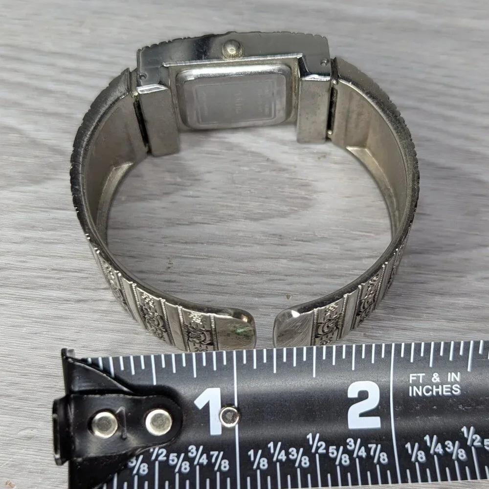 Adrina 3112 Quartz Movement Intricate Silver Tone Cuff Watch w/ Rectangular Face